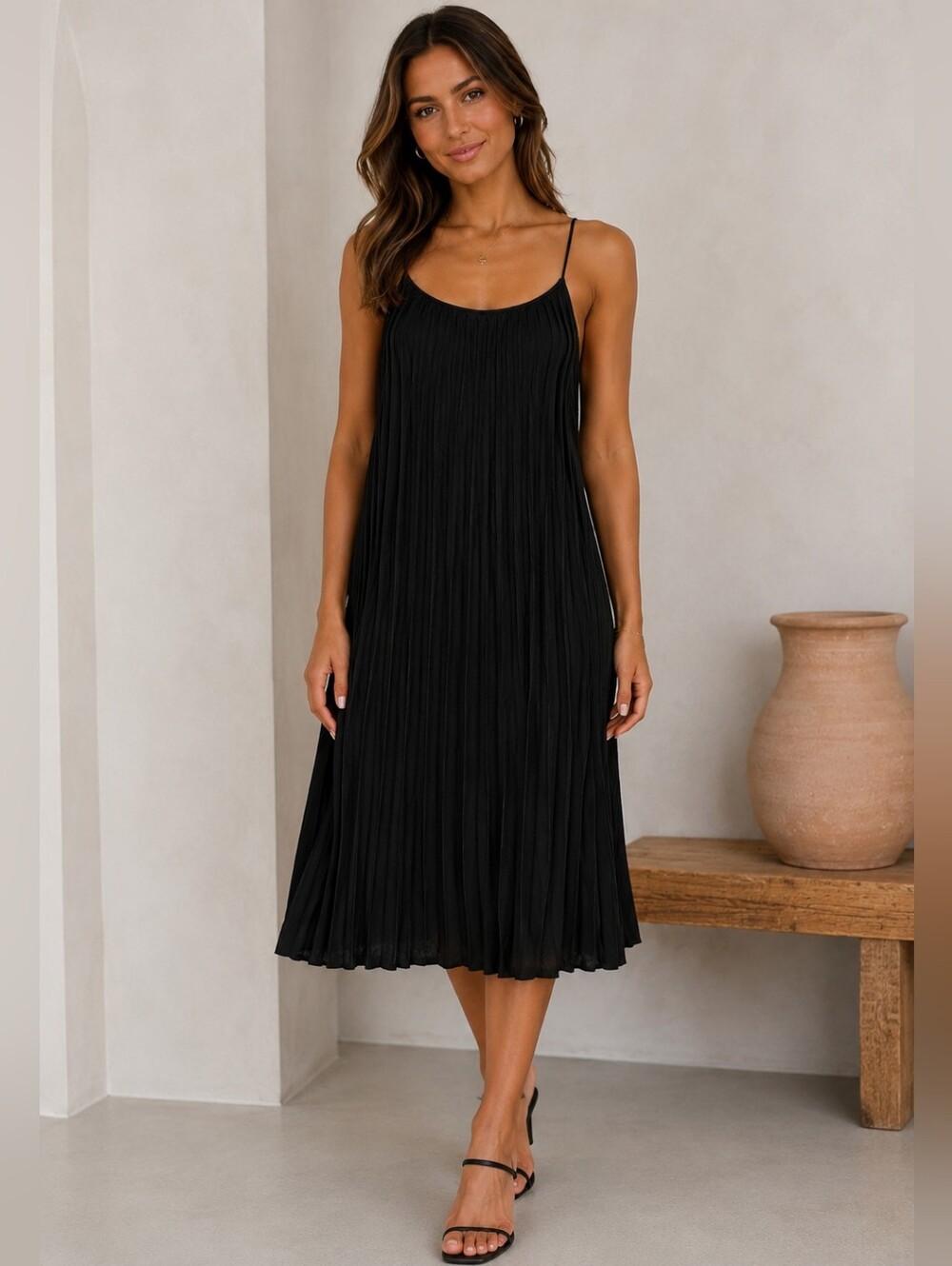 Wayf Black Pleated Midi Slip Dress
